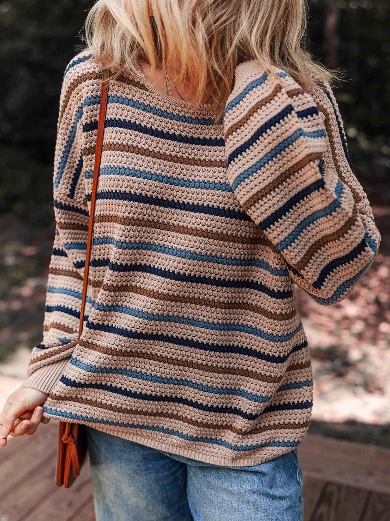 Multicolour Striped Knitted Drop Shoulder Round Neck Sweater