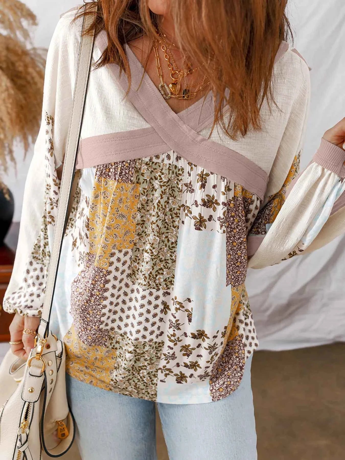 Floral Printed Contrast Patchwork Long Sleeve Top