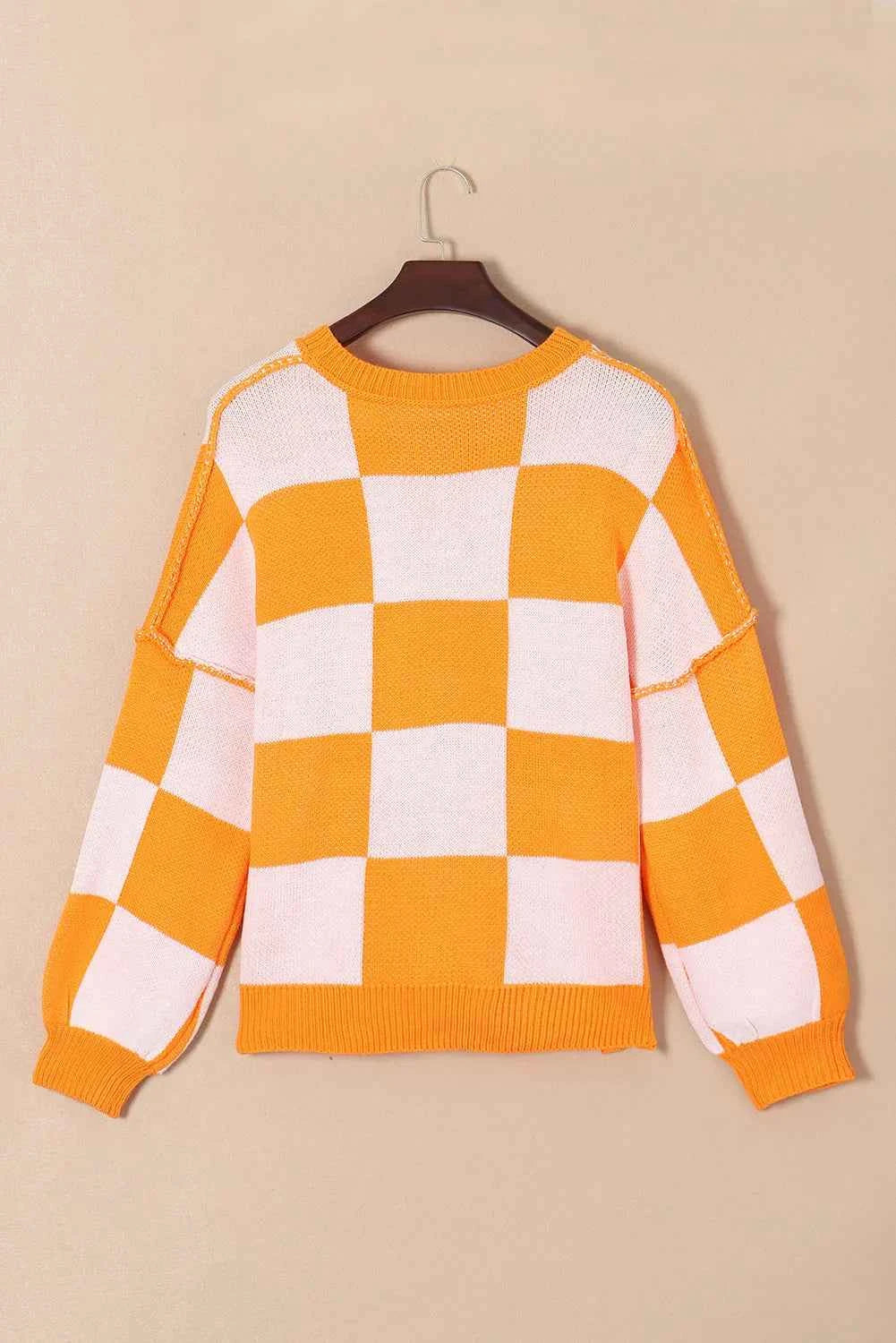 Pumpkin Checkered Round Neck Long Sleeve Sweater