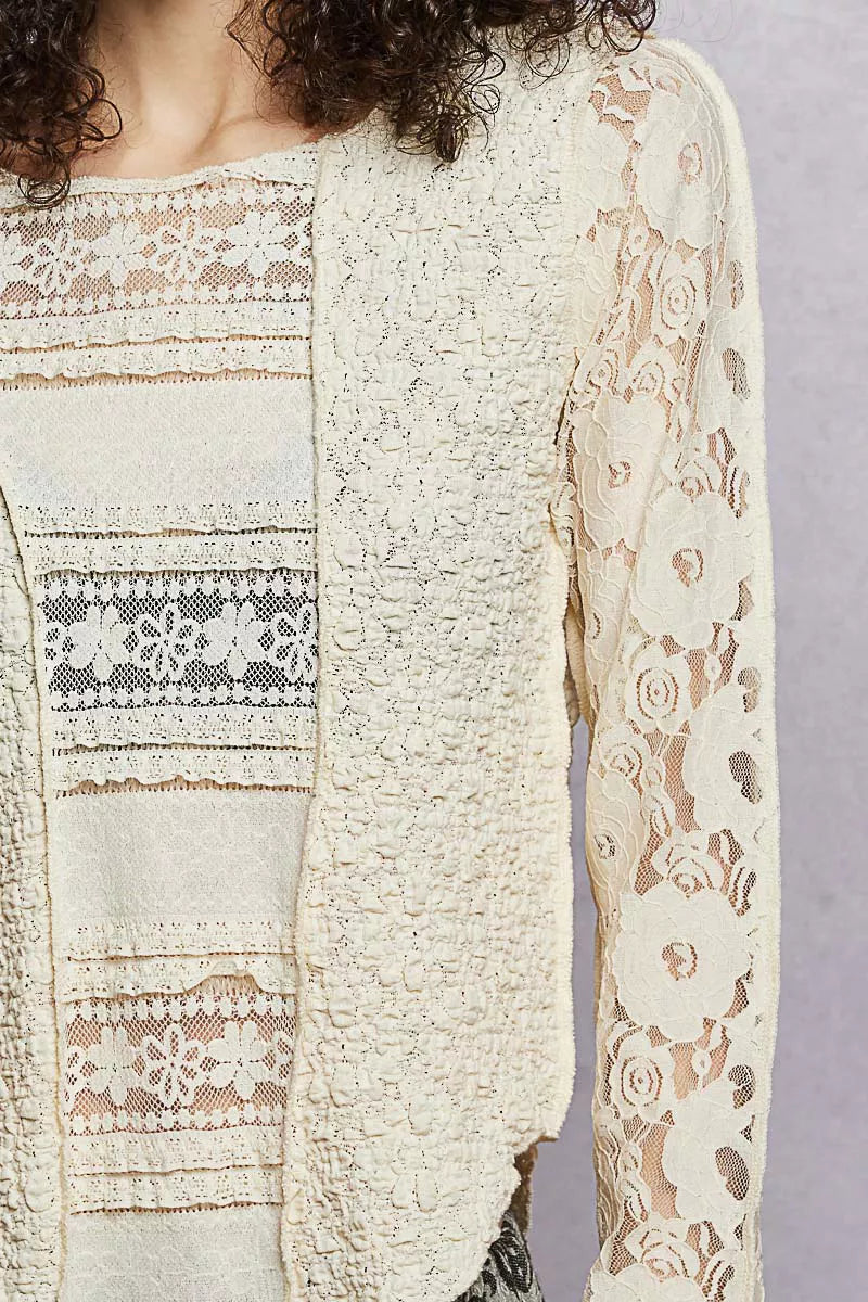 Close-up of a person wearing a textured, patterned garment with lace details on a plain background.