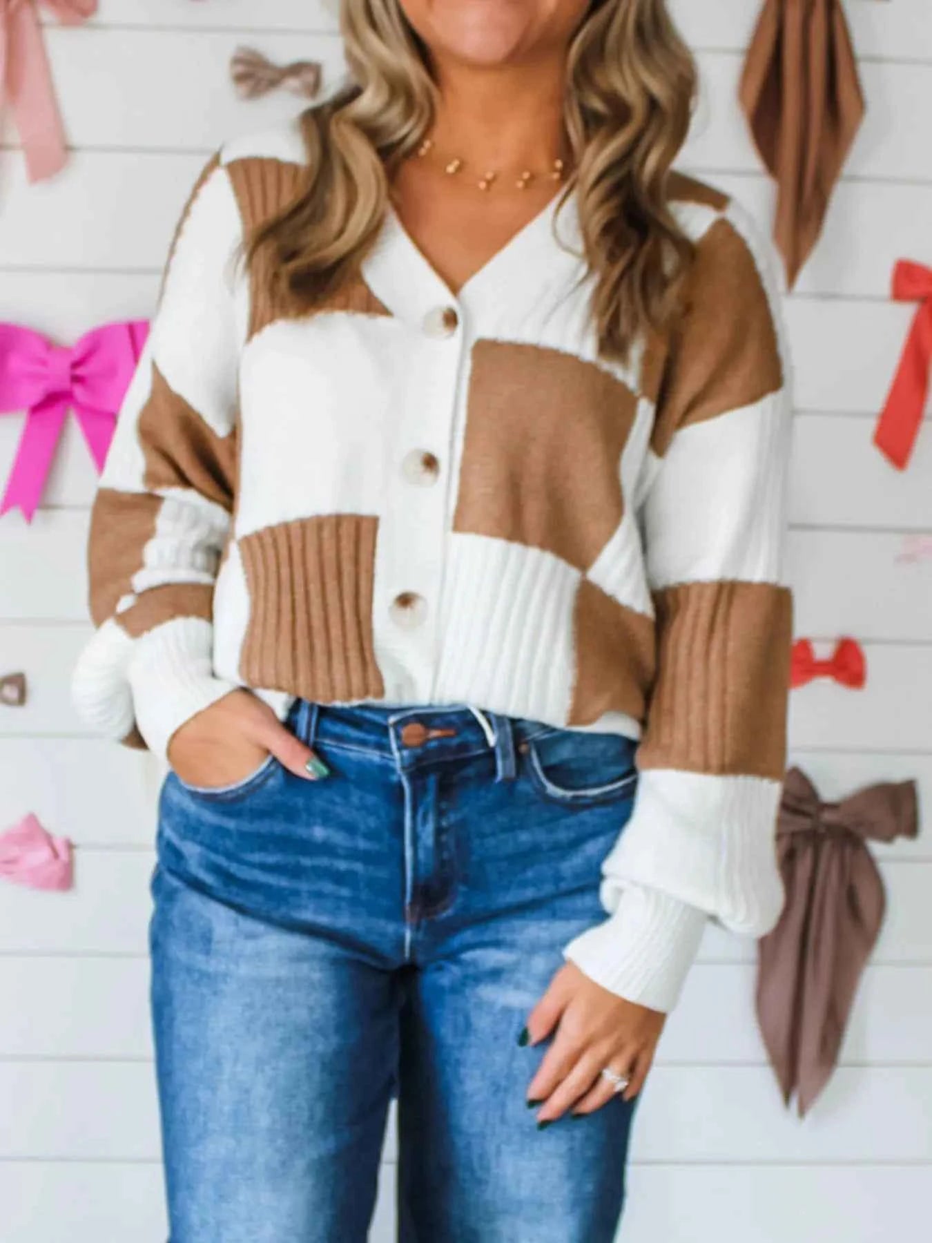 Color Block Knit Button-Up Cardigan
