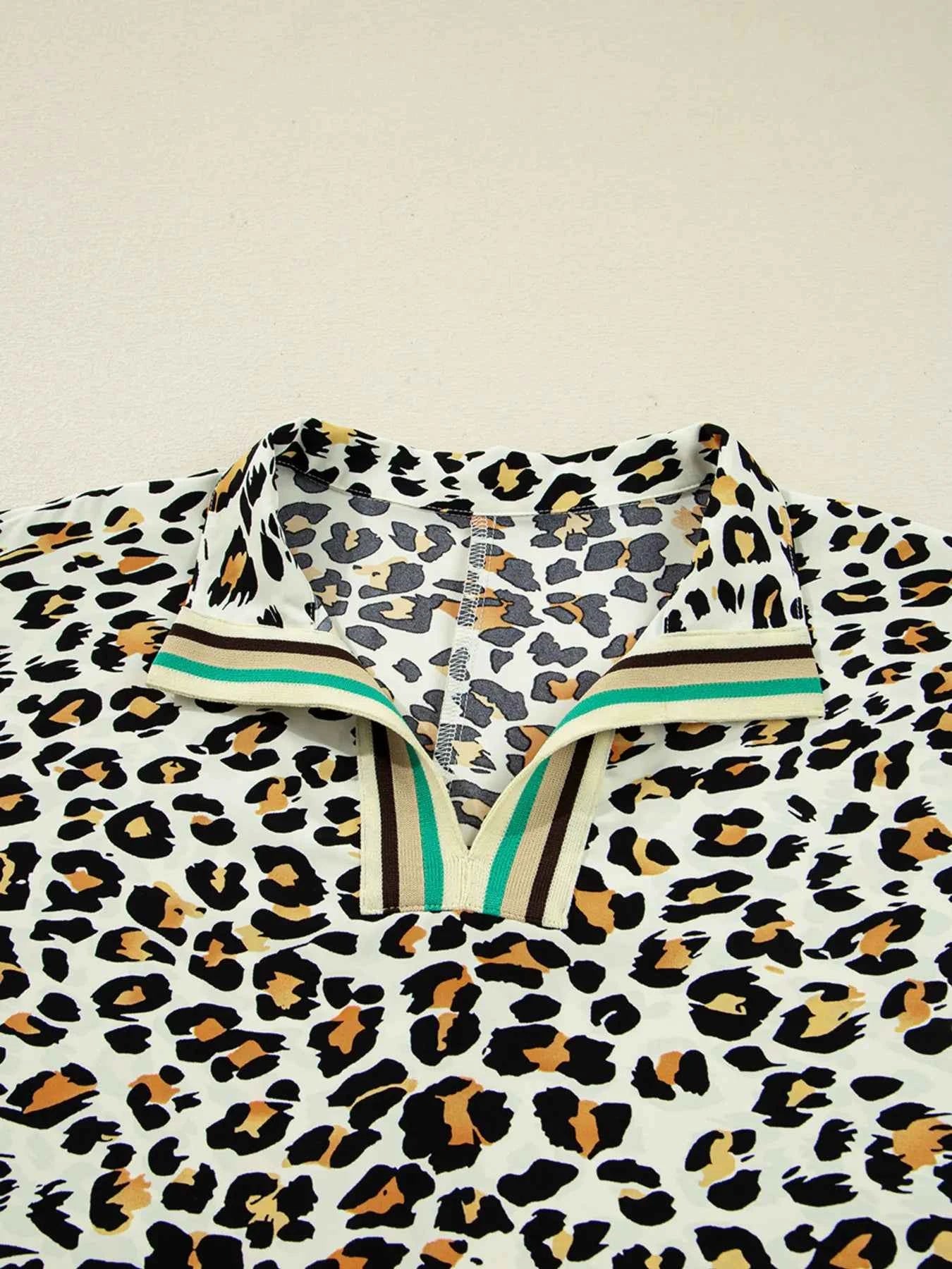 Leopard Print Contrast Striped V Neck Blouse