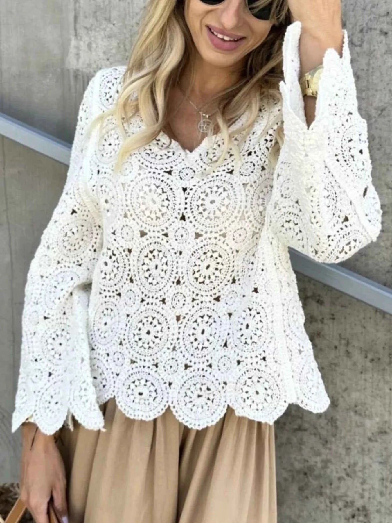 Crochet Lace V-Neck Bell Sleeve Knit Top