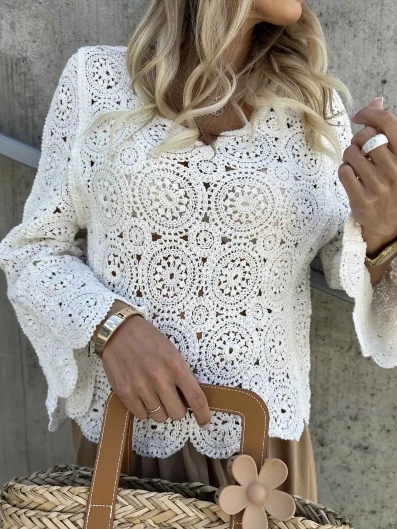 Crochet Lace V-Neck Bell Sleeve Knit Top
