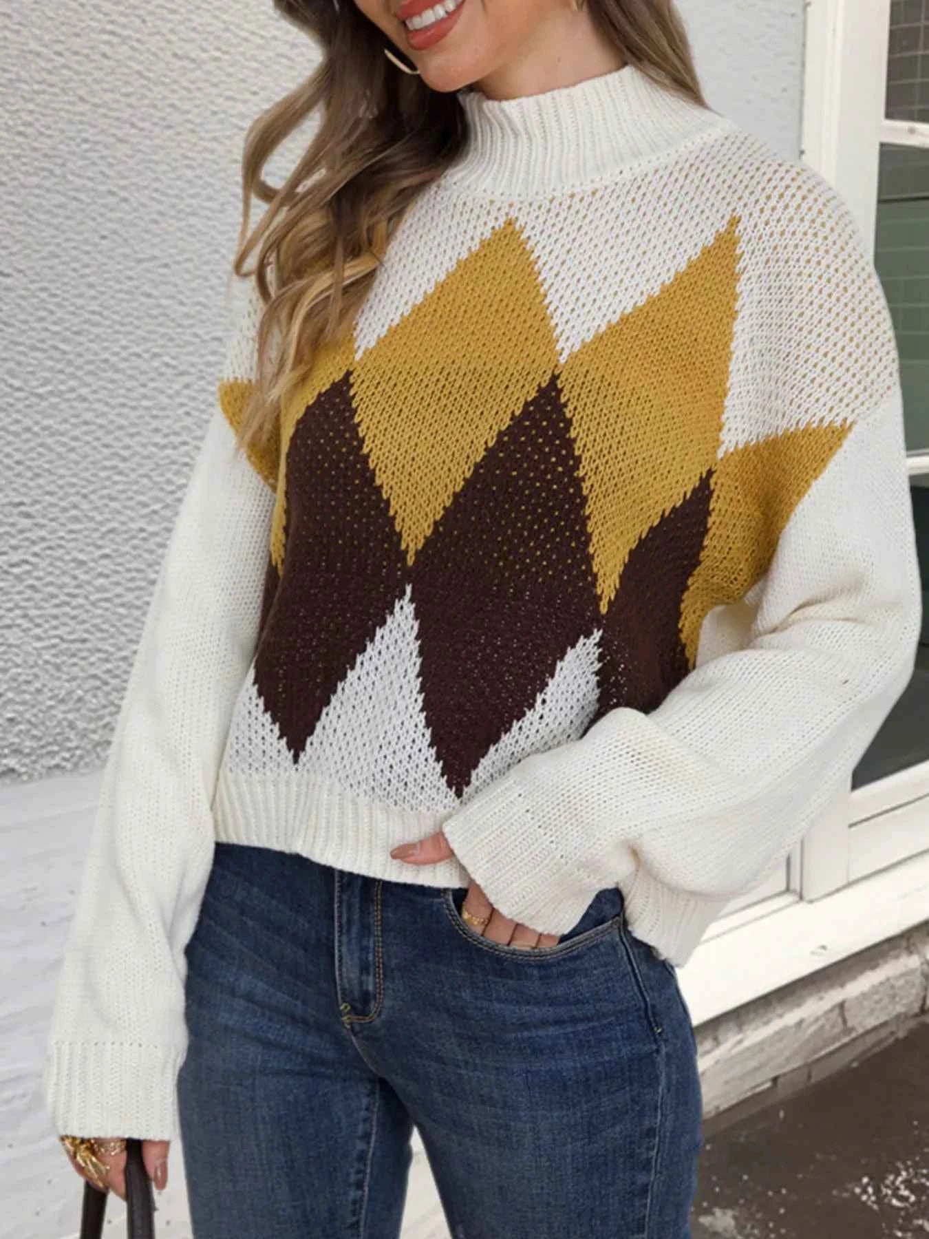 Diamond Pattern Turtleneck Sweater