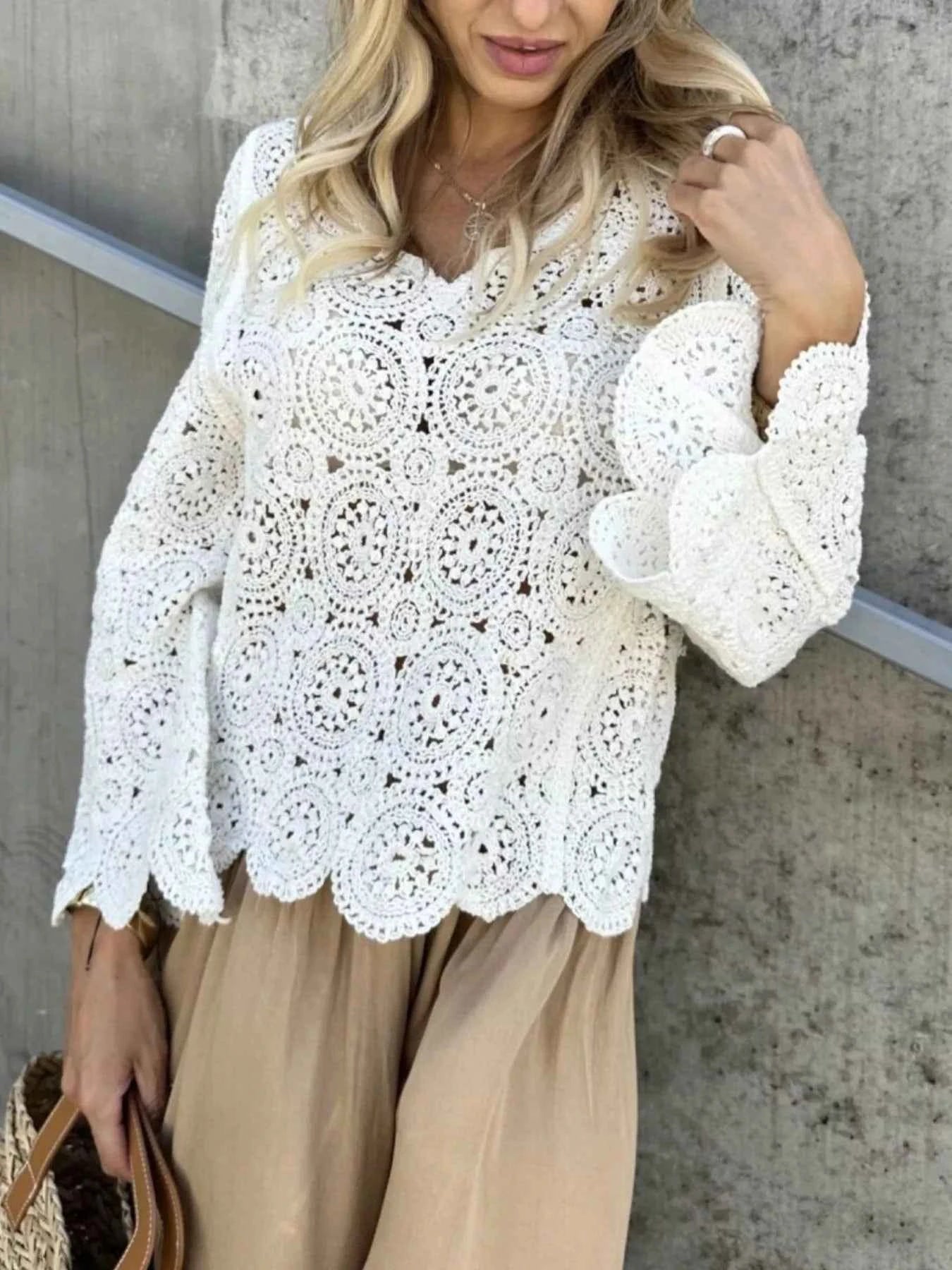 Crochet Lace V-Neck Bell Sleeve Knit Top
