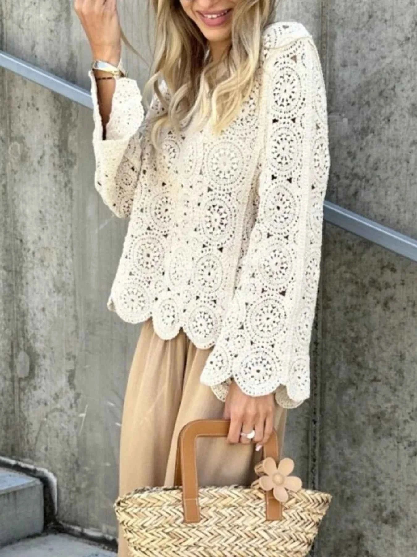Crochet Lace V-Neck Bell Sleeve Knit Top