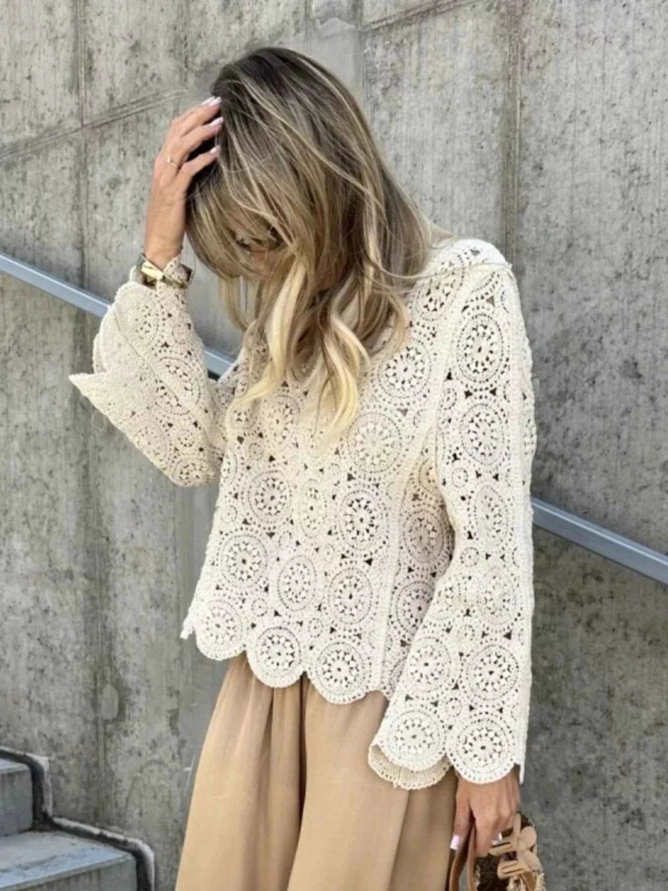 Crochet Lace V-Neck Bell Sleeve Knit Top