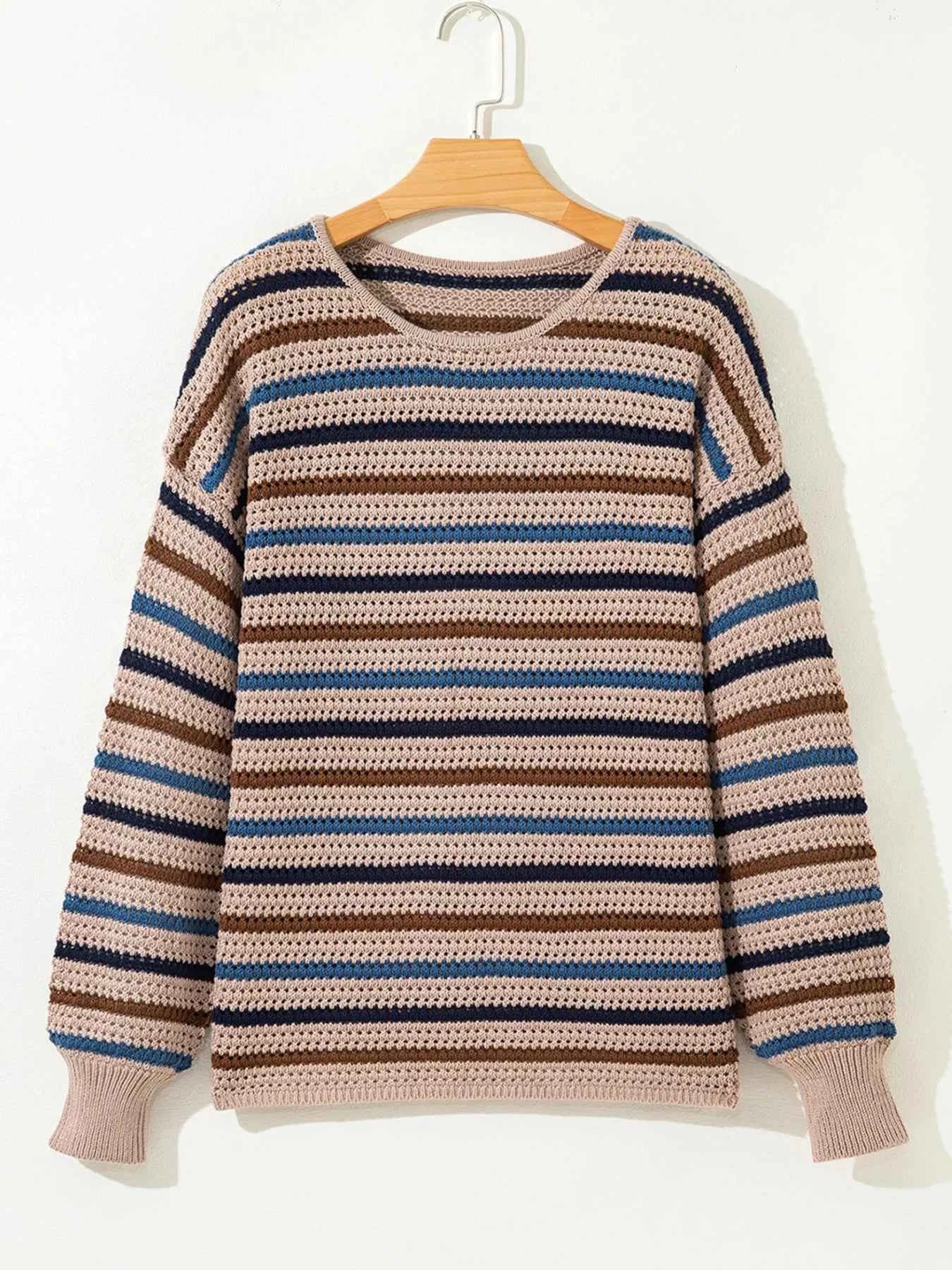 Multicolour Striped Knitted Drop Shoulder Round Neck Sweater