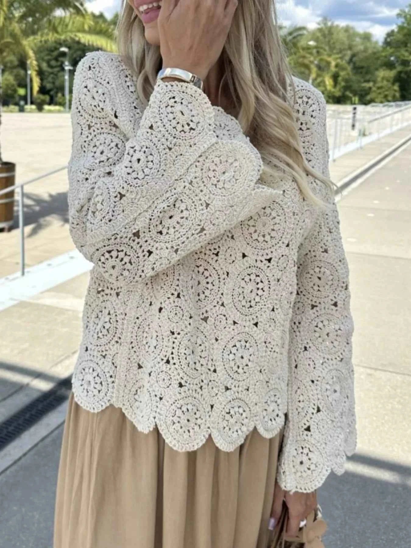 Crochet Lace V-Neck Bell Sleeve Knit Top