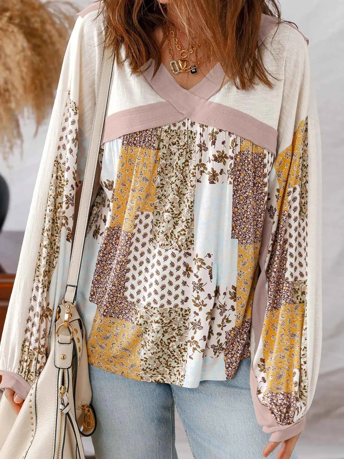 Floral Printed Contrast Patchwork Long Sleeve Top