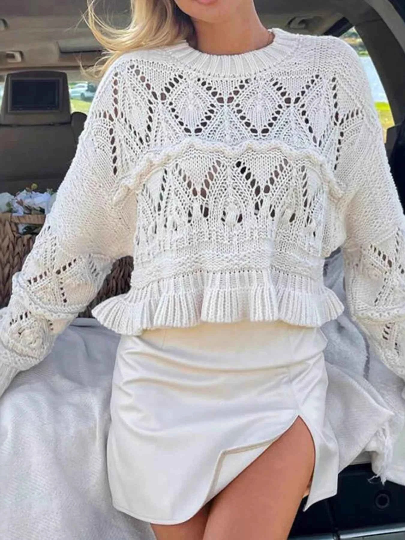 Crochet Ruffled Hem Long Sleeve Sweater