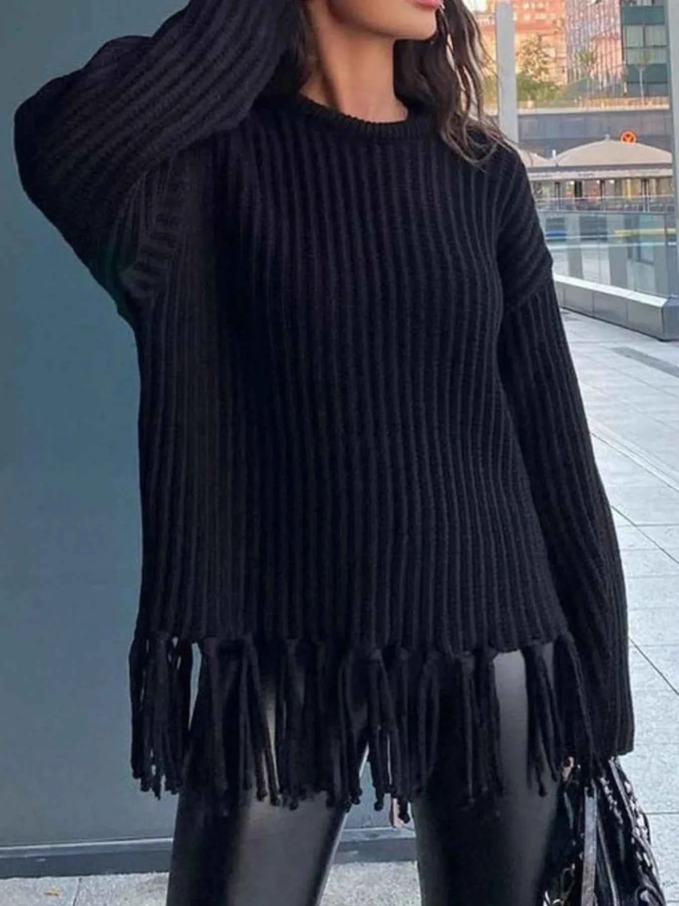 Fringe Round Neck Long Sleeve Sweater