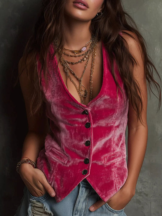 Woman wearing a pink velvet tank top with layered necklaces against a neutral background