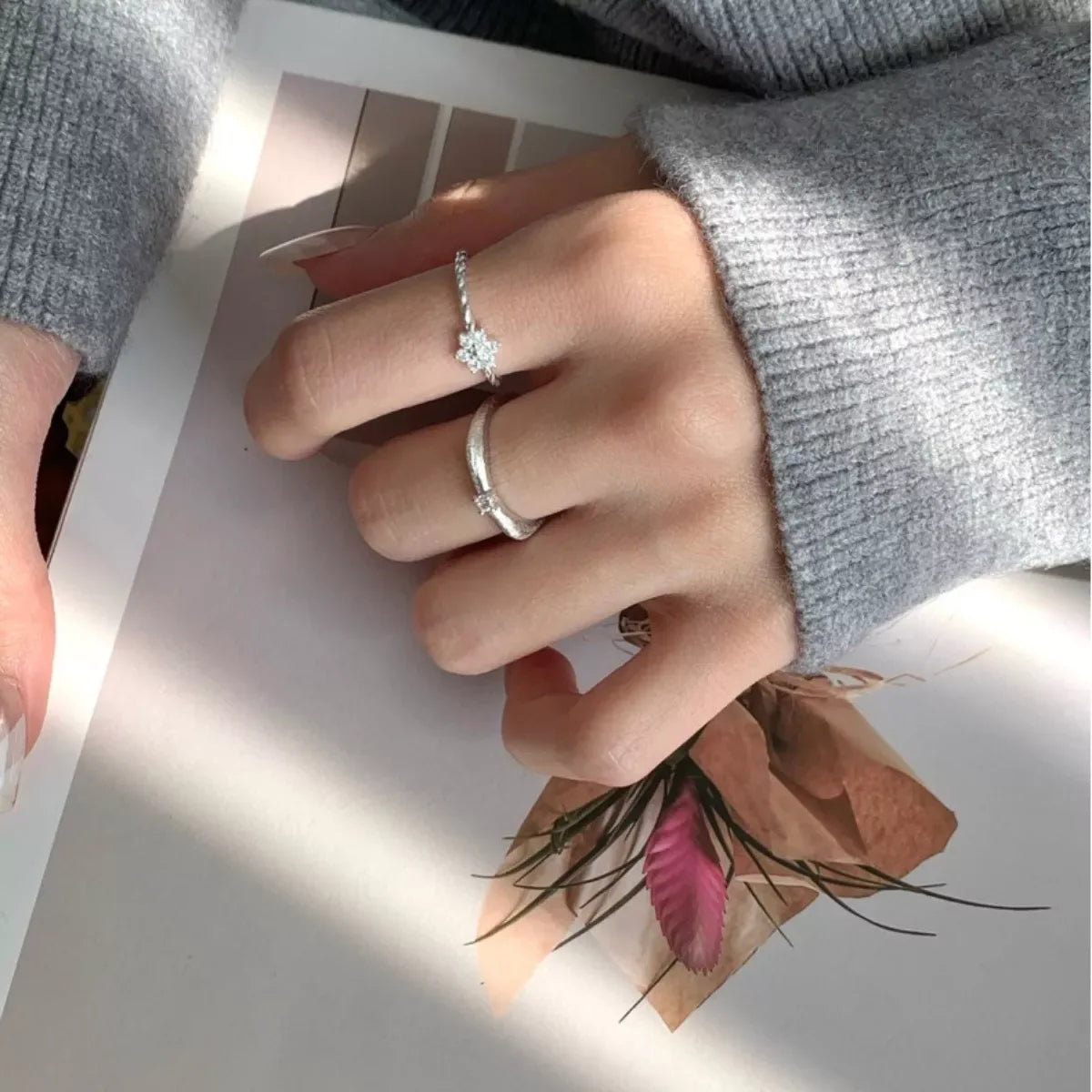 925 Sterling Silver Zircon Flower Open Ring - SUBSTYEL