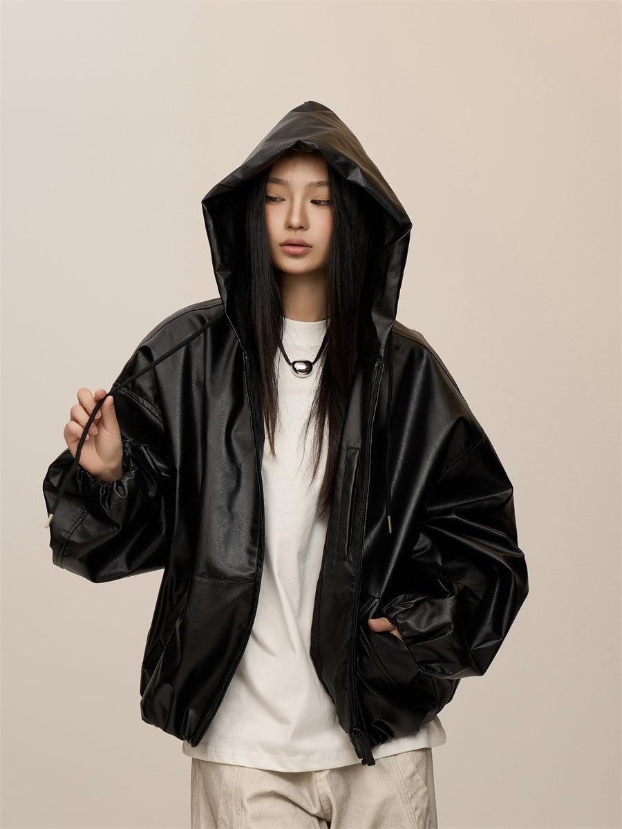 Women's Leather Hooded Coat in Black