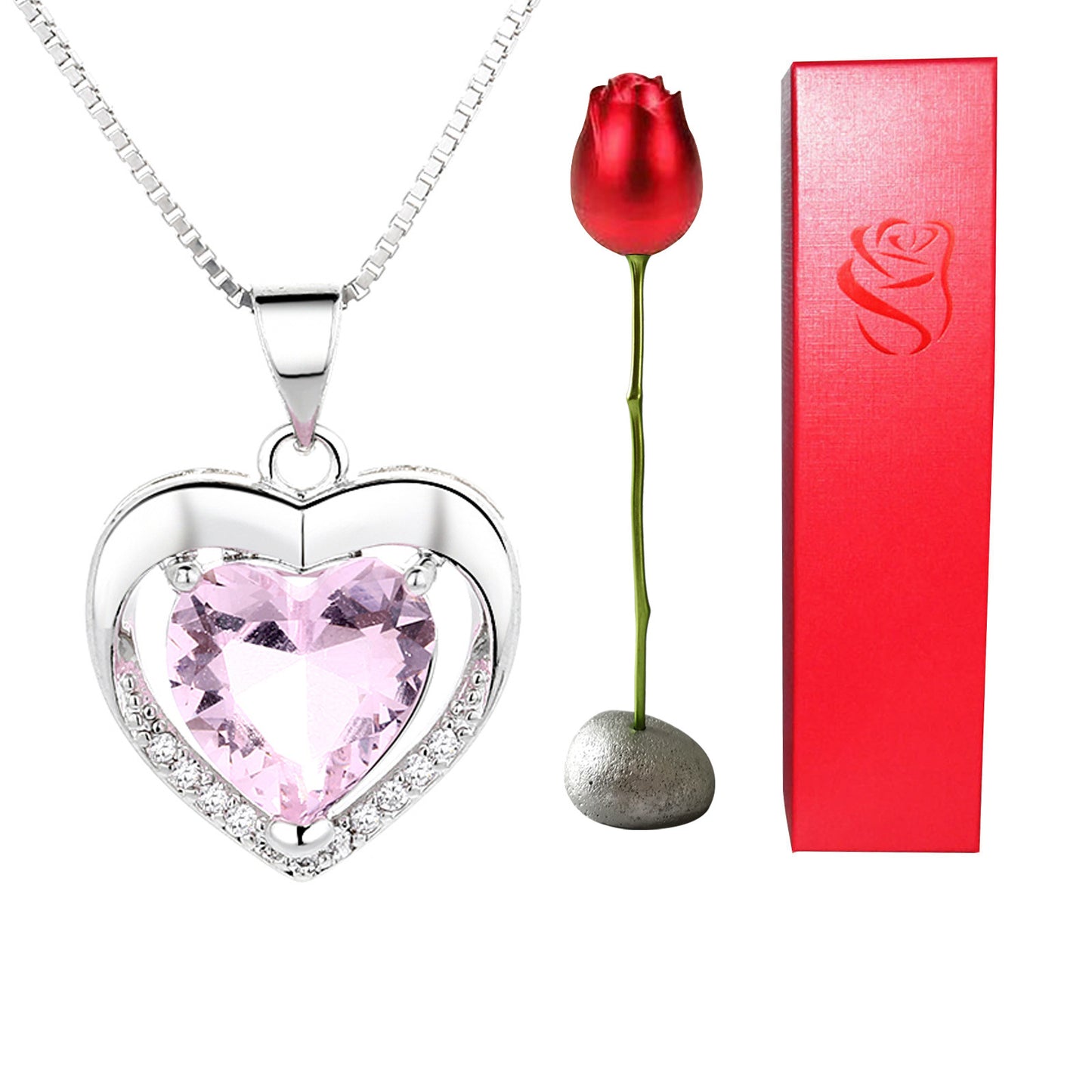 Heart-shaped pink crystal pendant necklace with a red rose and red box on a white background