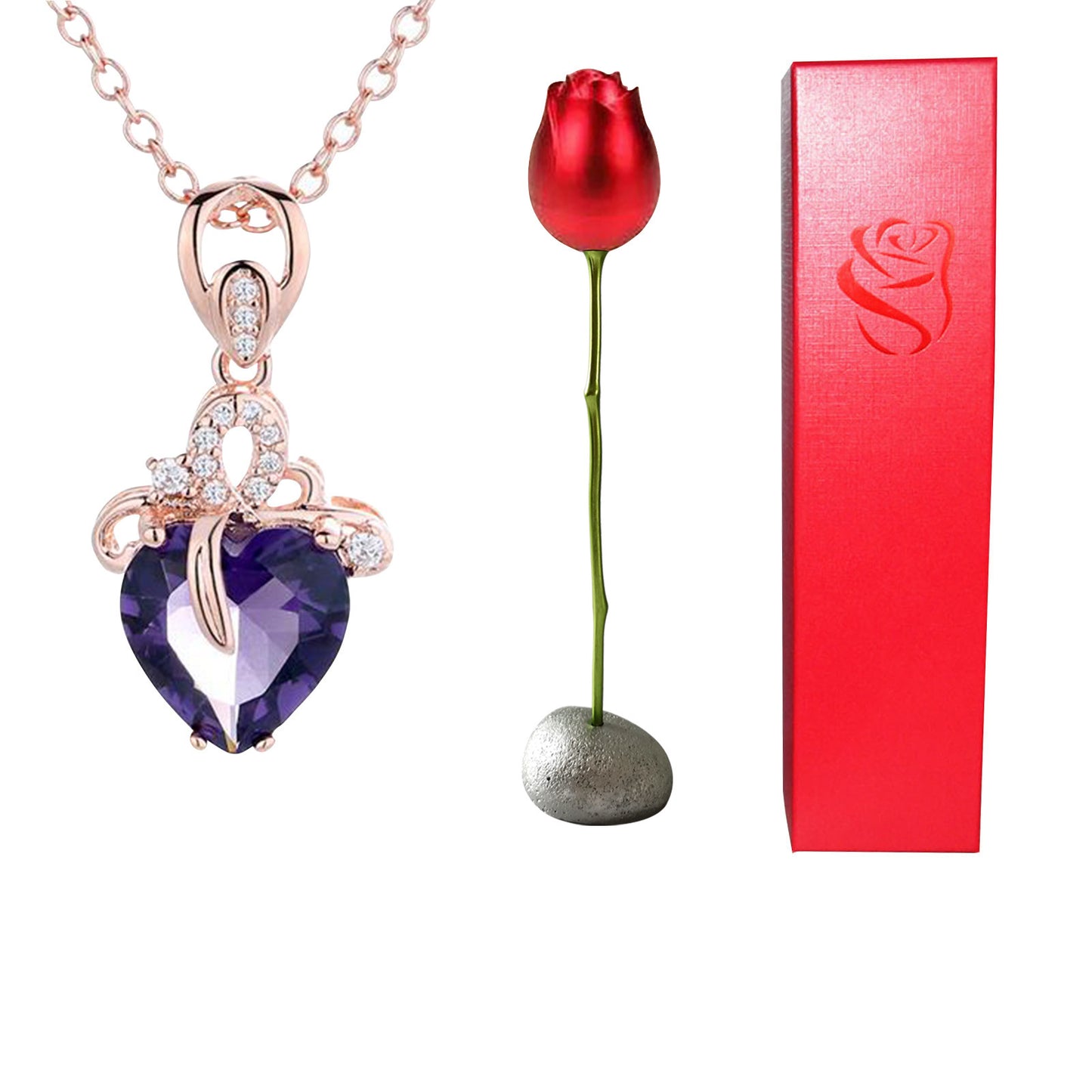 Rose gold necklace with purple heart pendant, red rose, and red box on white background