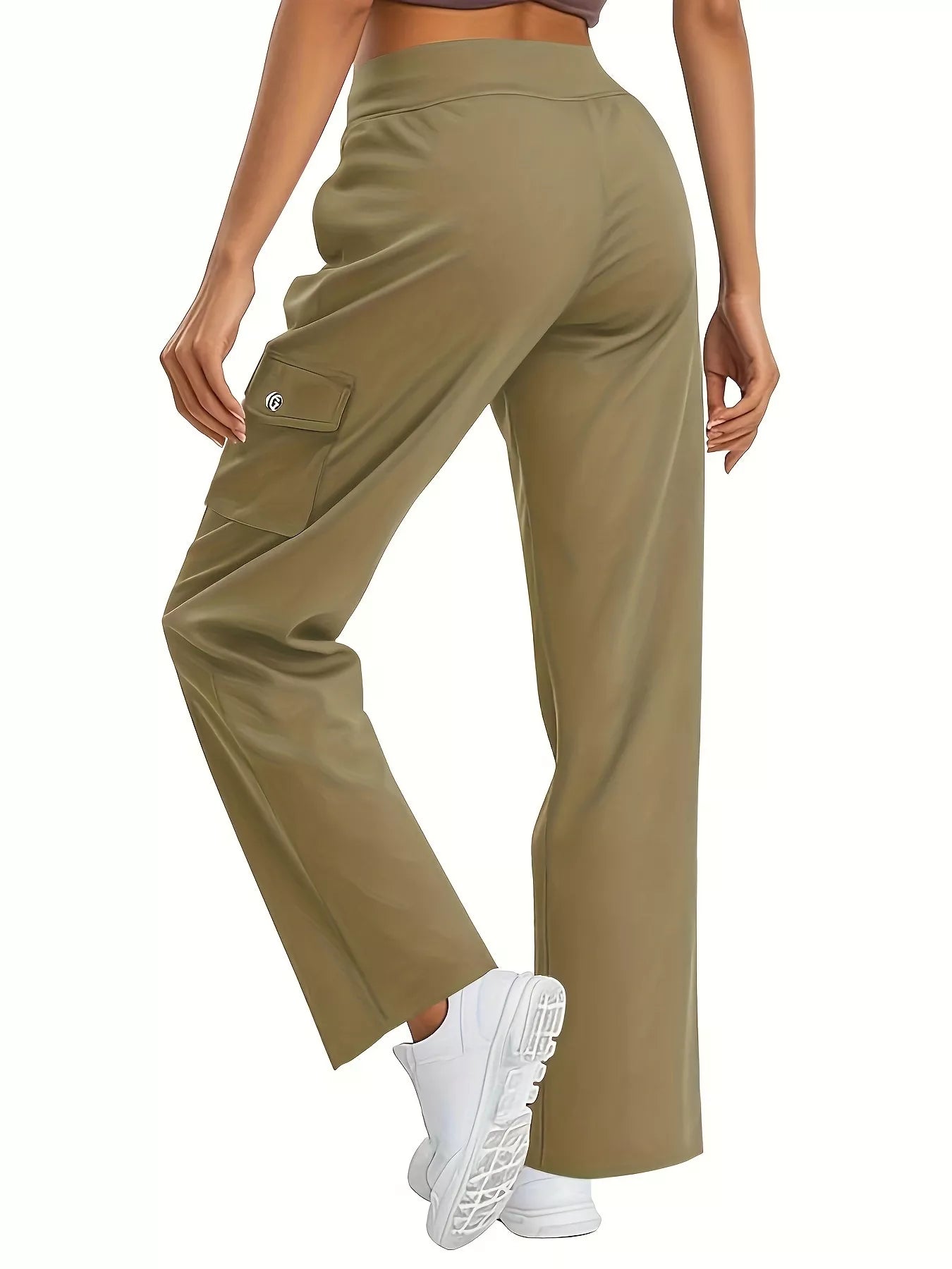 Khaki wide-leg pants worn by a person on a white background
