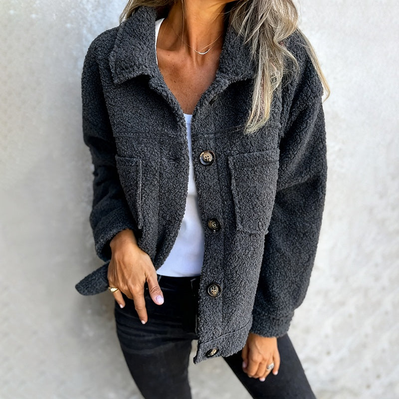 Plus Size Sherpa Jacket for Women – Solid Color Long Sleeve Style
