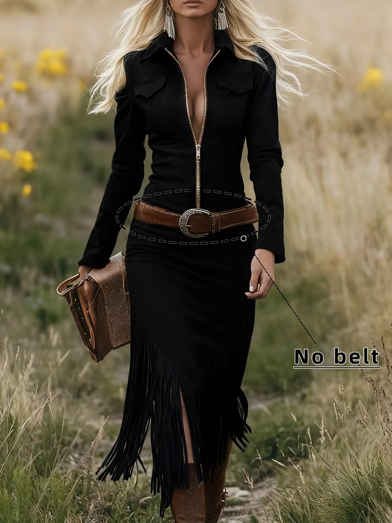 Woman in a black outfit with fringe details standing in a field.