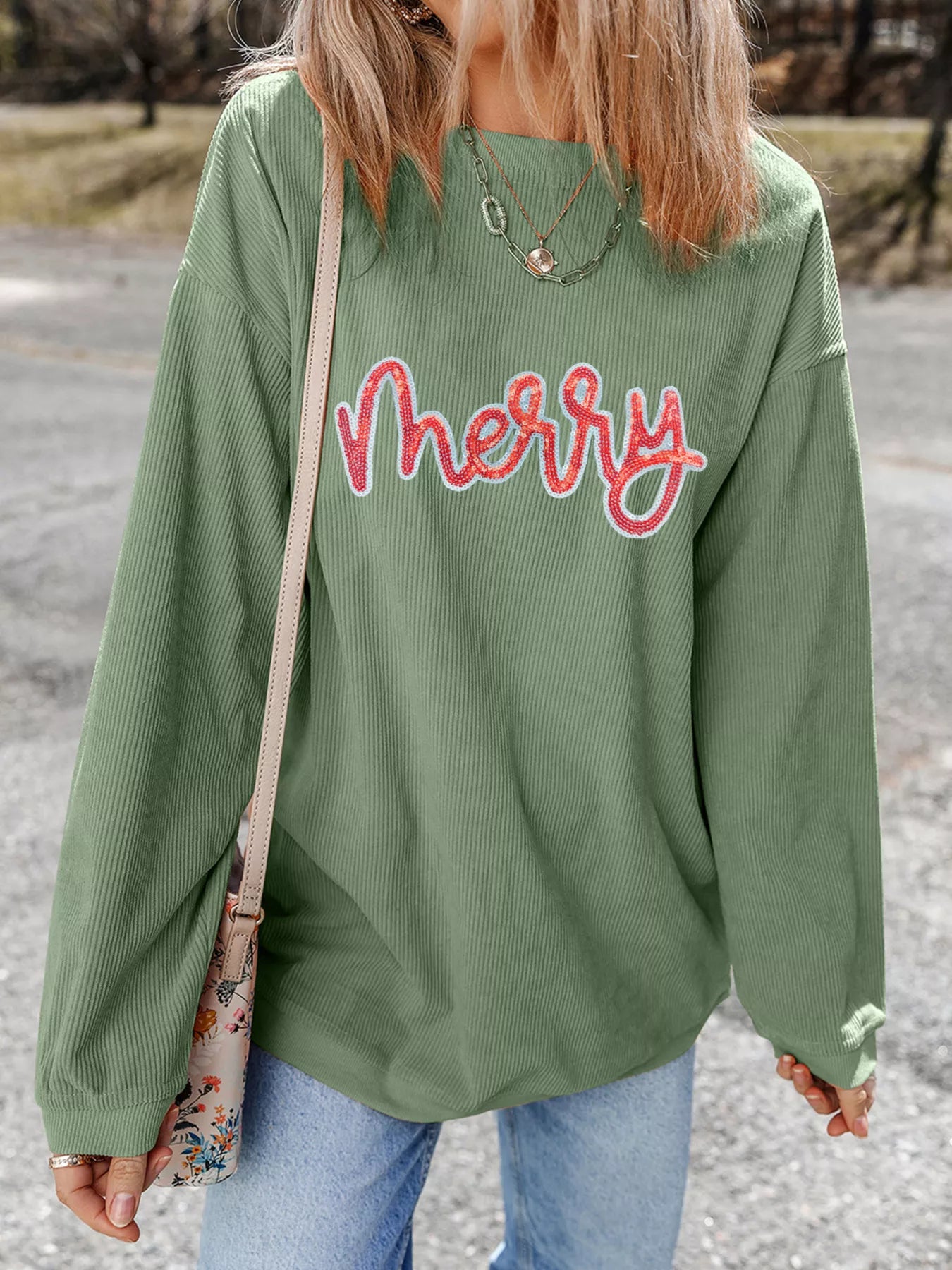 Merry Christmas Sequined Twisted Ribbed Sweatshirt - SUBSTYEL