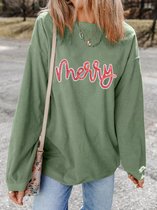 Merry Christmas Sequined Twisted Ribbed Sweatshirt - SUBSTYEL