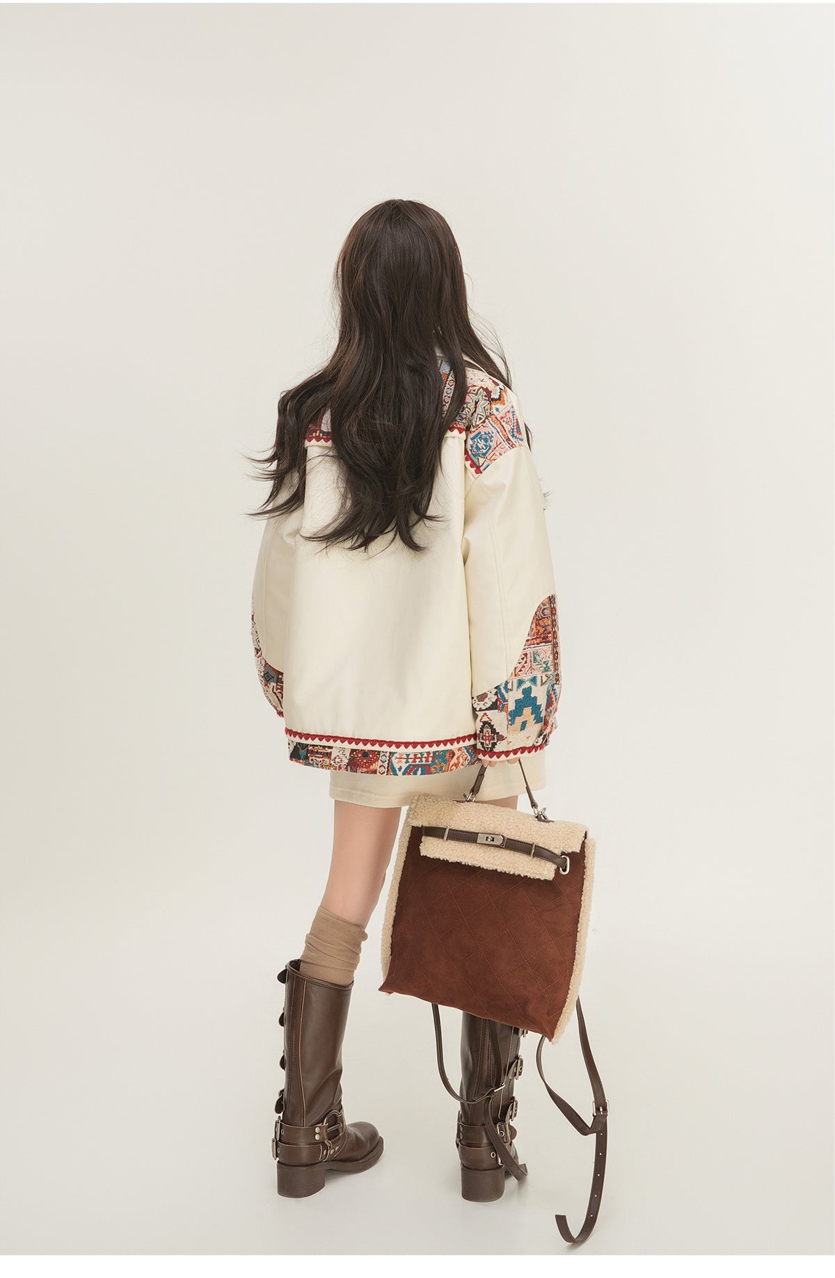 Jacquard Motorcycle Leather Jacket with Splicing Design