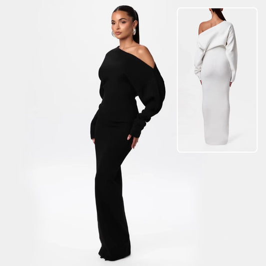 Black one-shoulder jumpsuit worn by a model on a white background