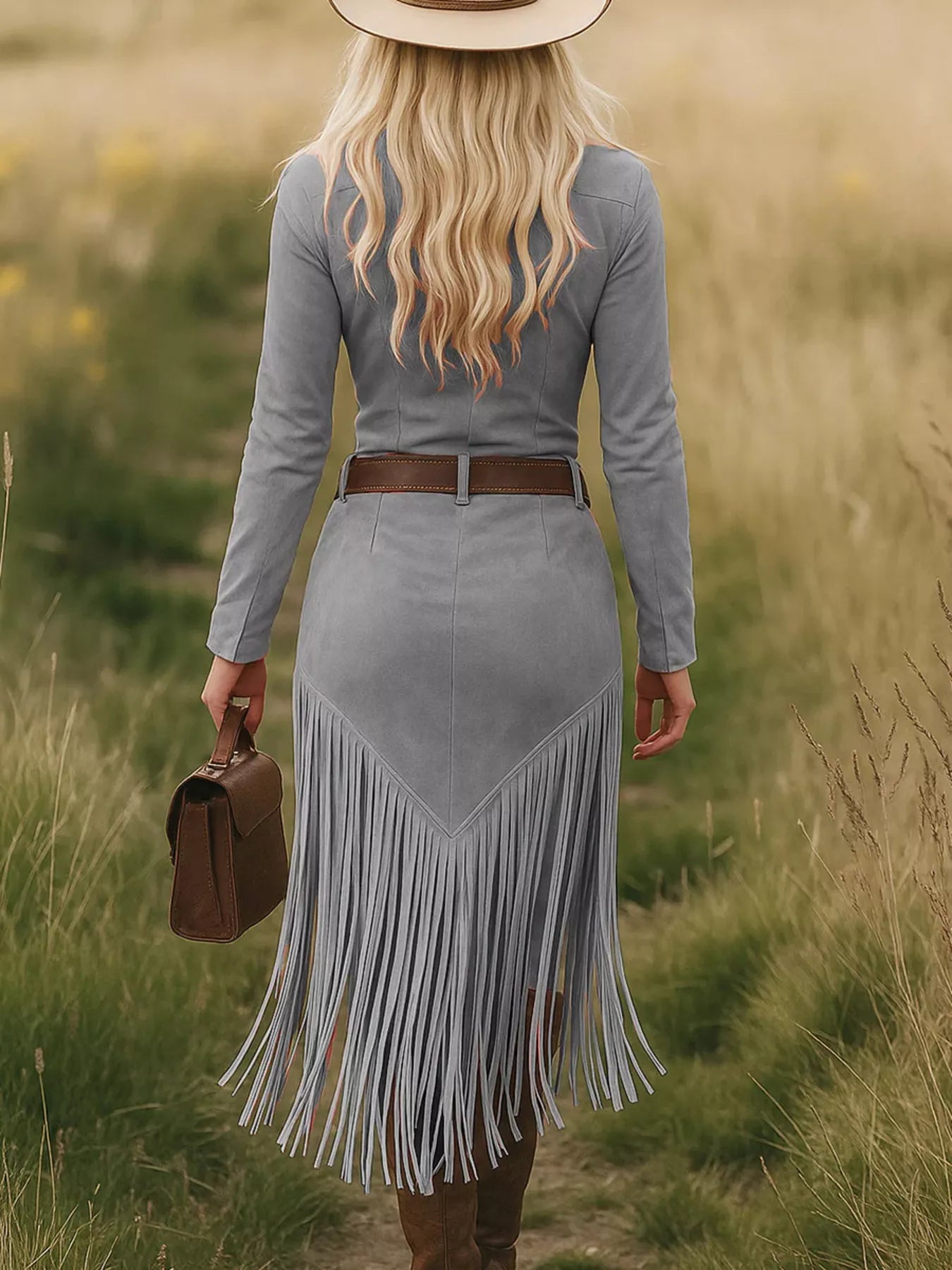 Woman in a gray fringe dress walking through a field