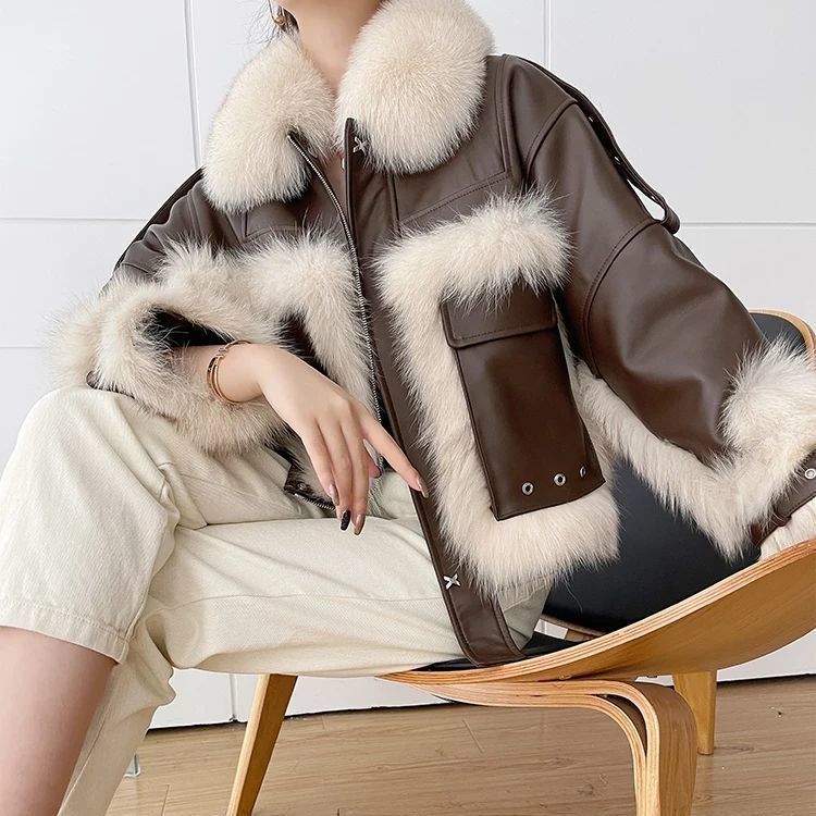 Fox Fur Leather Coat with Elegant Stitching