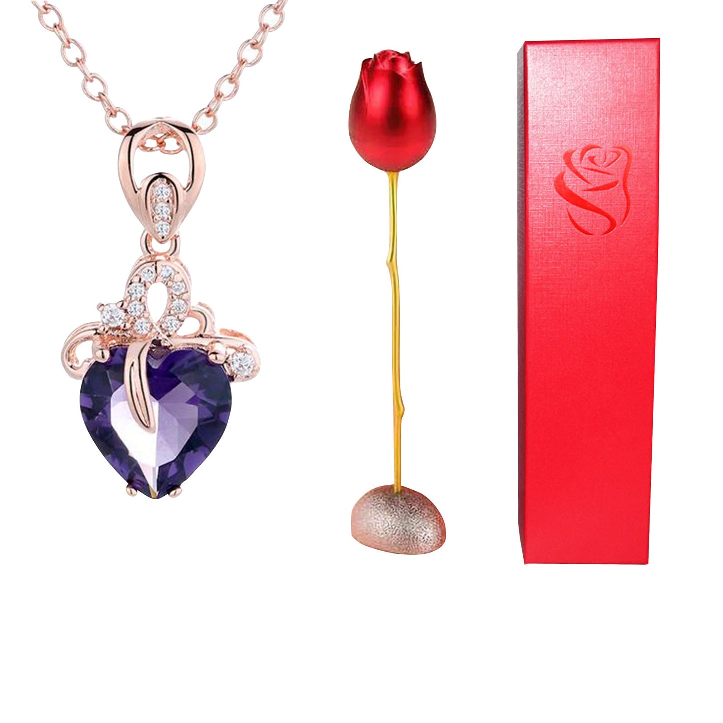 Jewelry set with purple heart pendant, red rose, and red box on white background