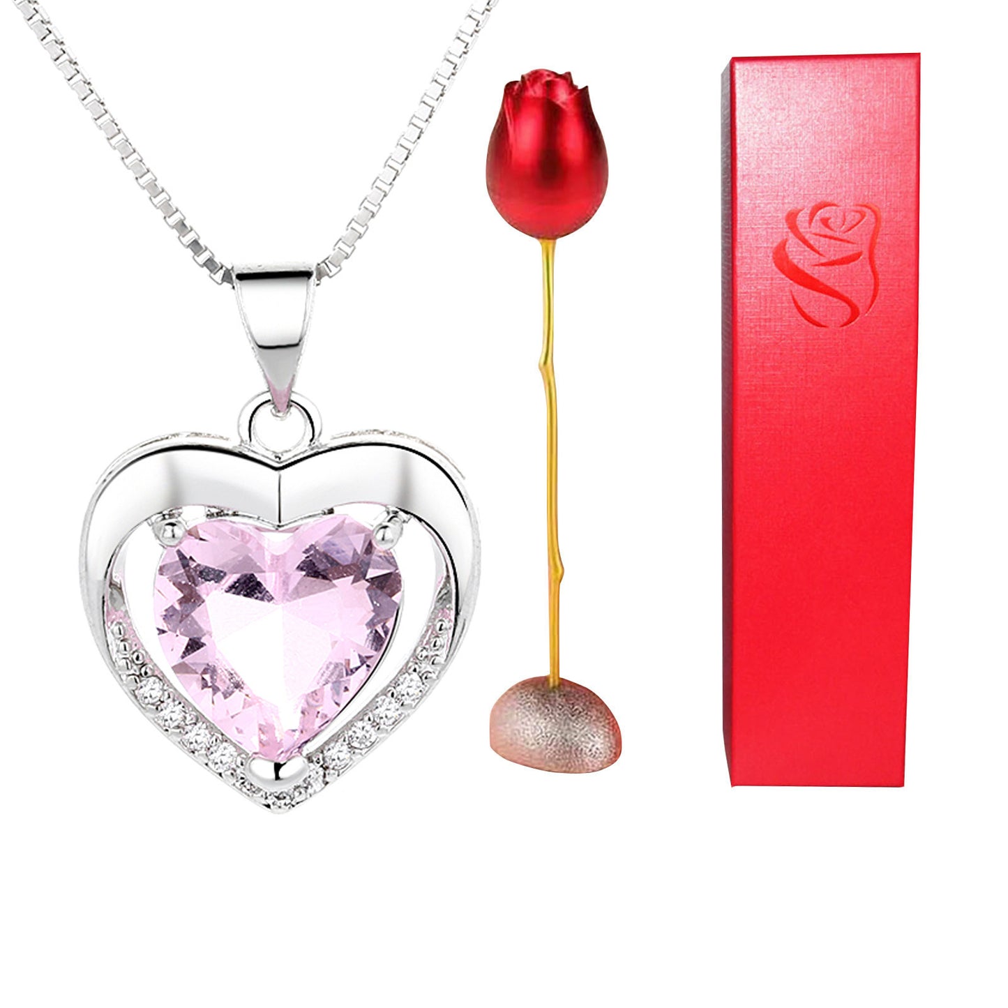 Heart-shaped pink crystal necklace with a red rose and gift box on a white background