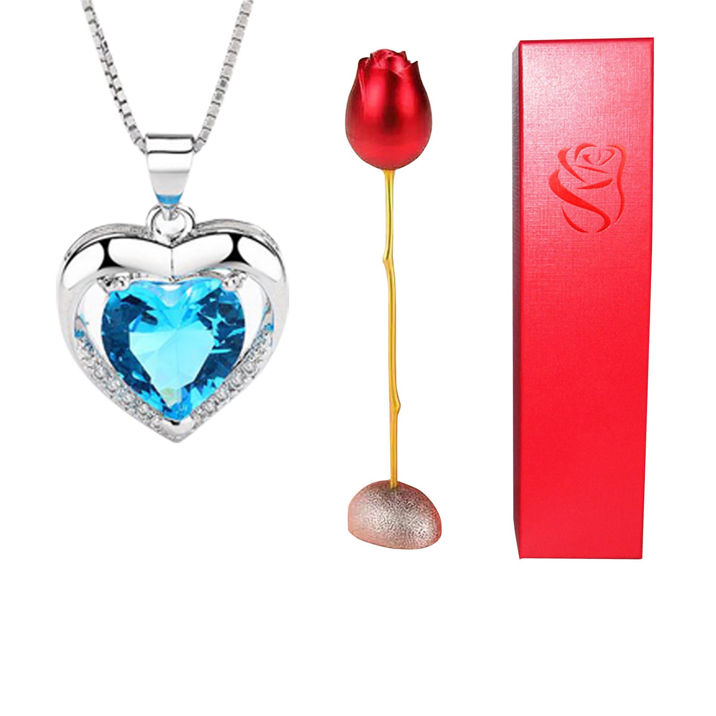 Heart-shaped pendant with blue gem, red rose, and red box on white background