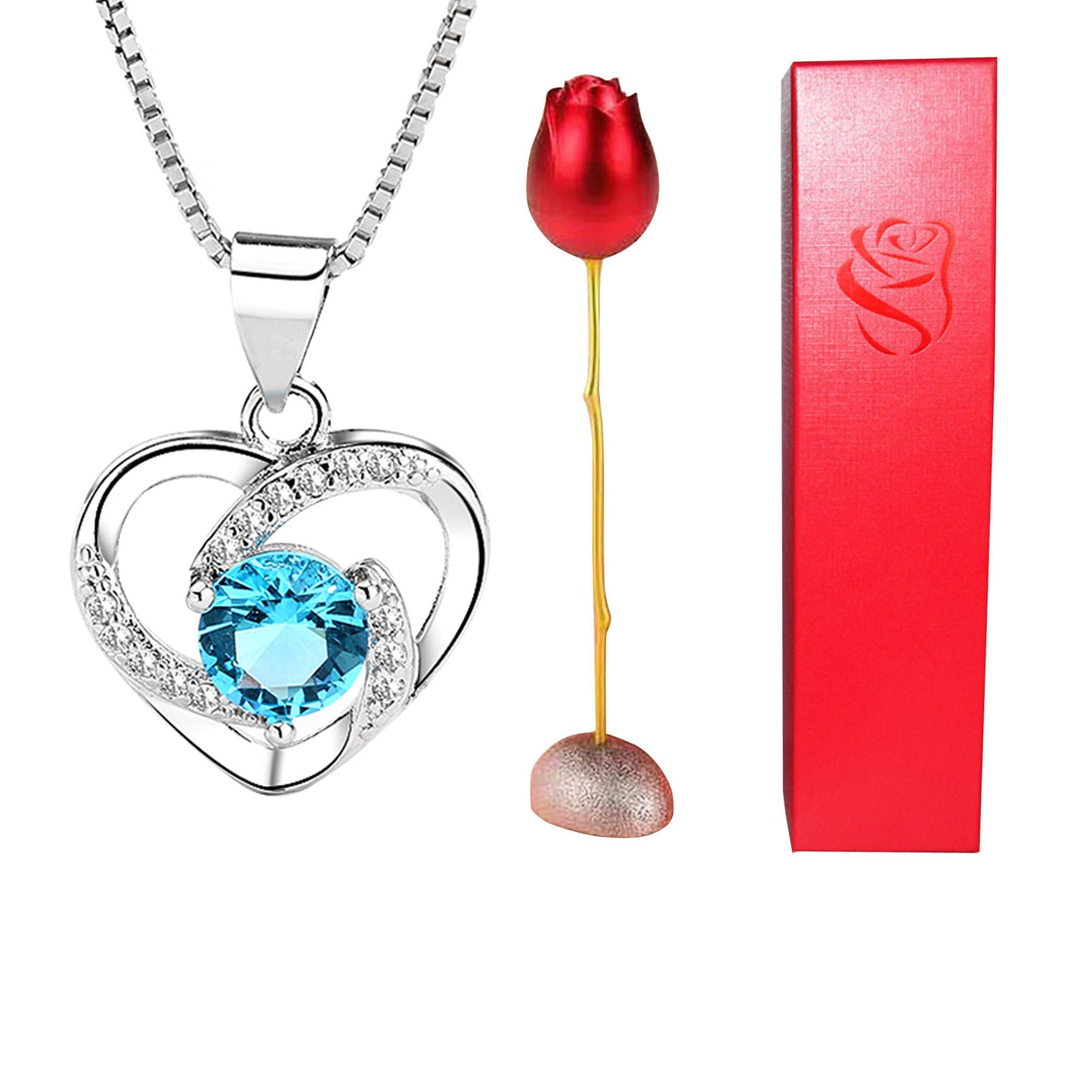 Heart-shaped pendant with blue gem, red rose, and red box on white background