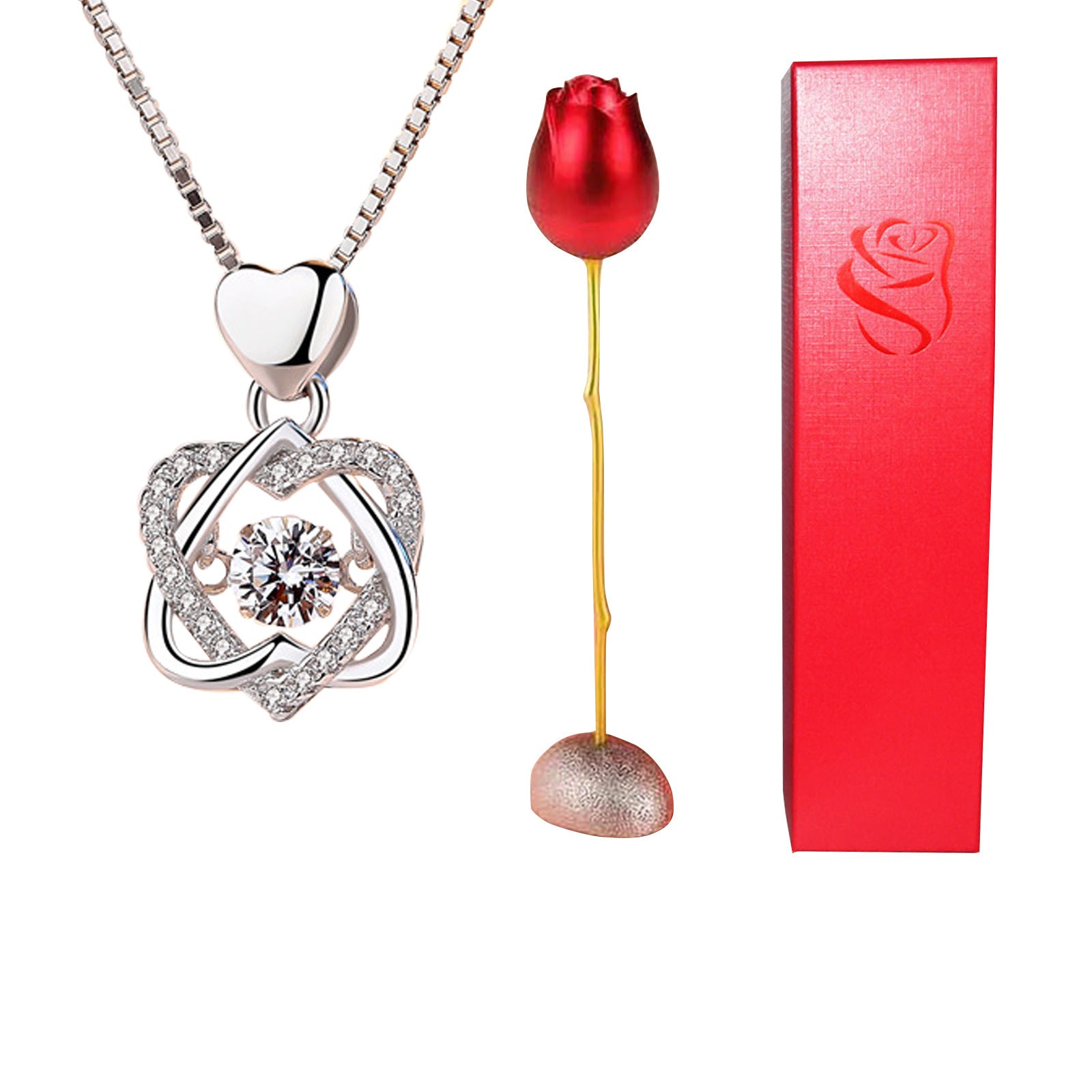 Silver heart-shaped necklace with a red rose and a red box on a white background
