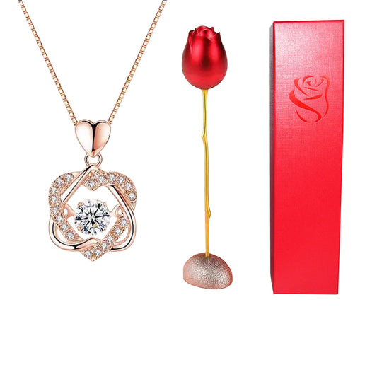 Rose gold heart-shaped necklace with a red rose and red box on a white background