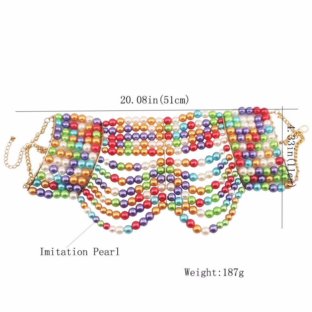 Colorful beaded necklace with measurements and weight information on a white background