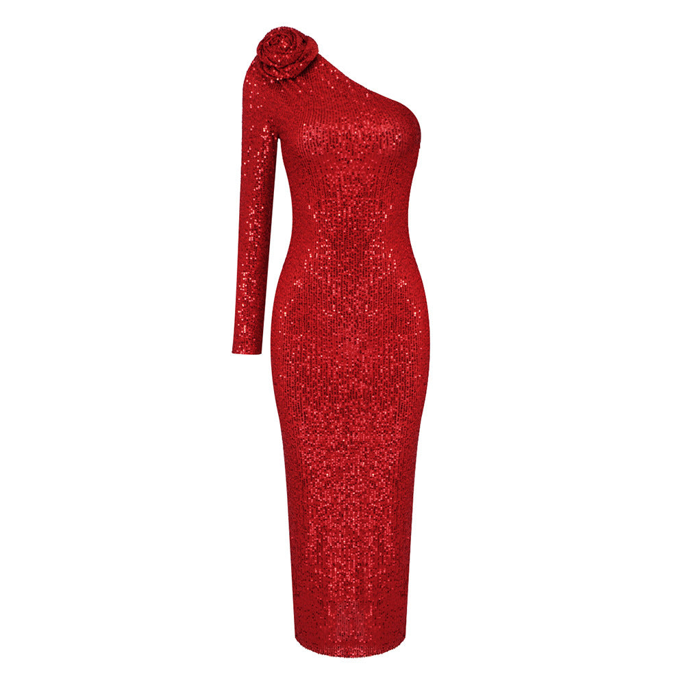 Red sequin one-shoulder dress on a white background