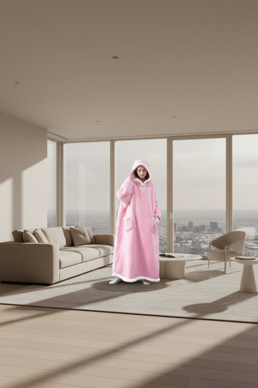 Pink robe with white trim worn by a person on a white background