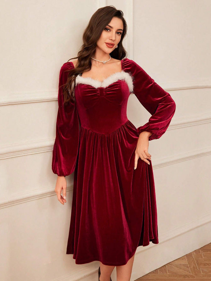 Christmas Red Velvet Dress for Party - Long Sleeve Elegance