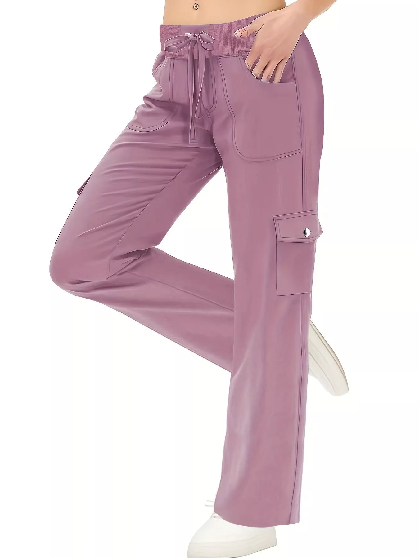 Purple pants with a drawstring waist and front pocket on a white background