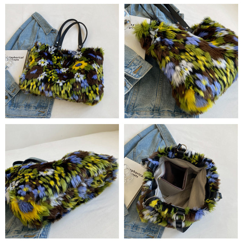 Collage of a colorful fur handbag with denim jeans in the background