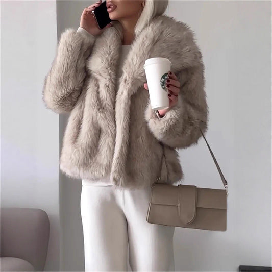 Lapel Long Sleeve Fur Coat – Luxurious Artificial Fur Outerwear