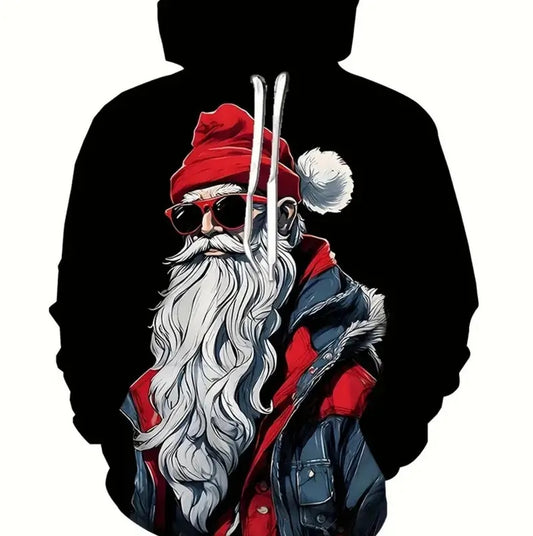Black hoodie with a graphic of a stylish Santa Claus wearing sunglasses and a red hat.
