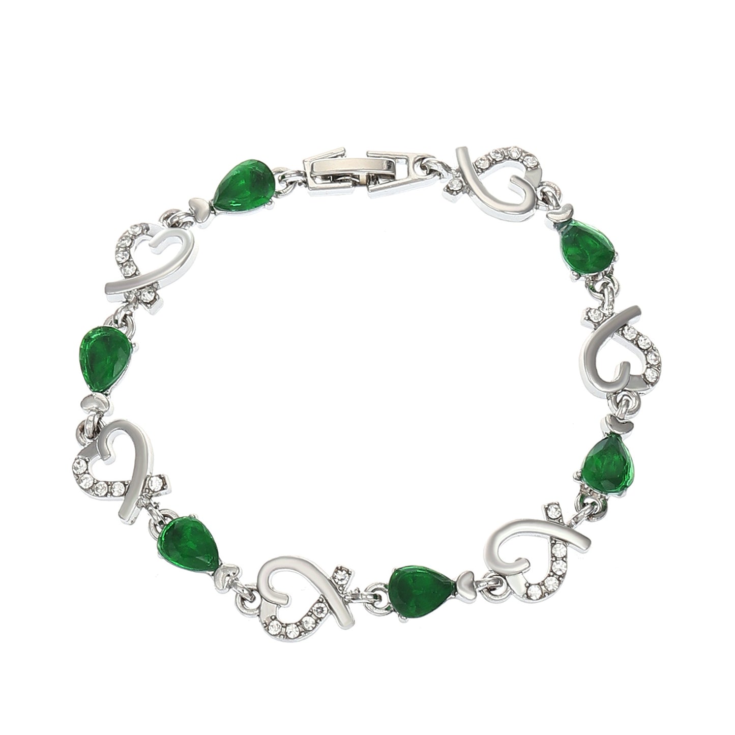 Silver bracelet with green gemstones on a white background