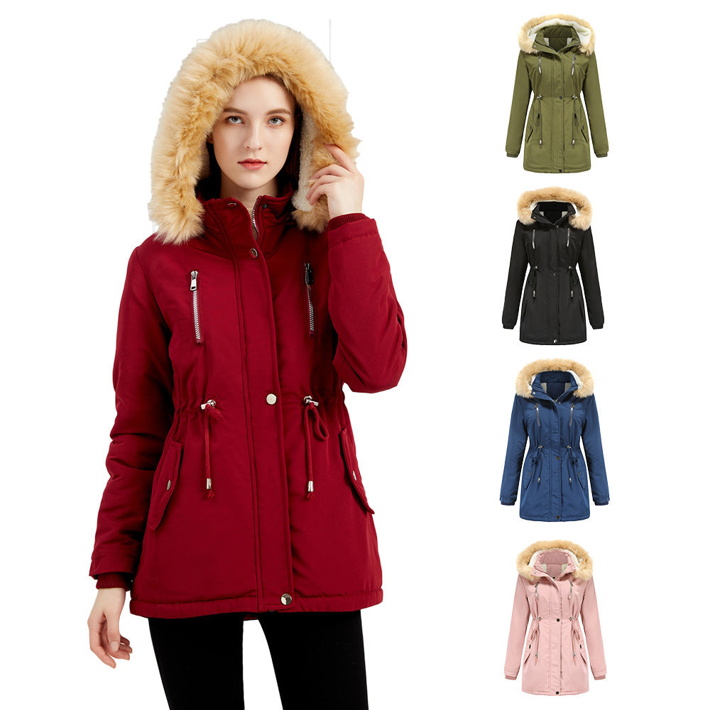 Red parka coat with fur hood on a white background, with additional color options displayed below.