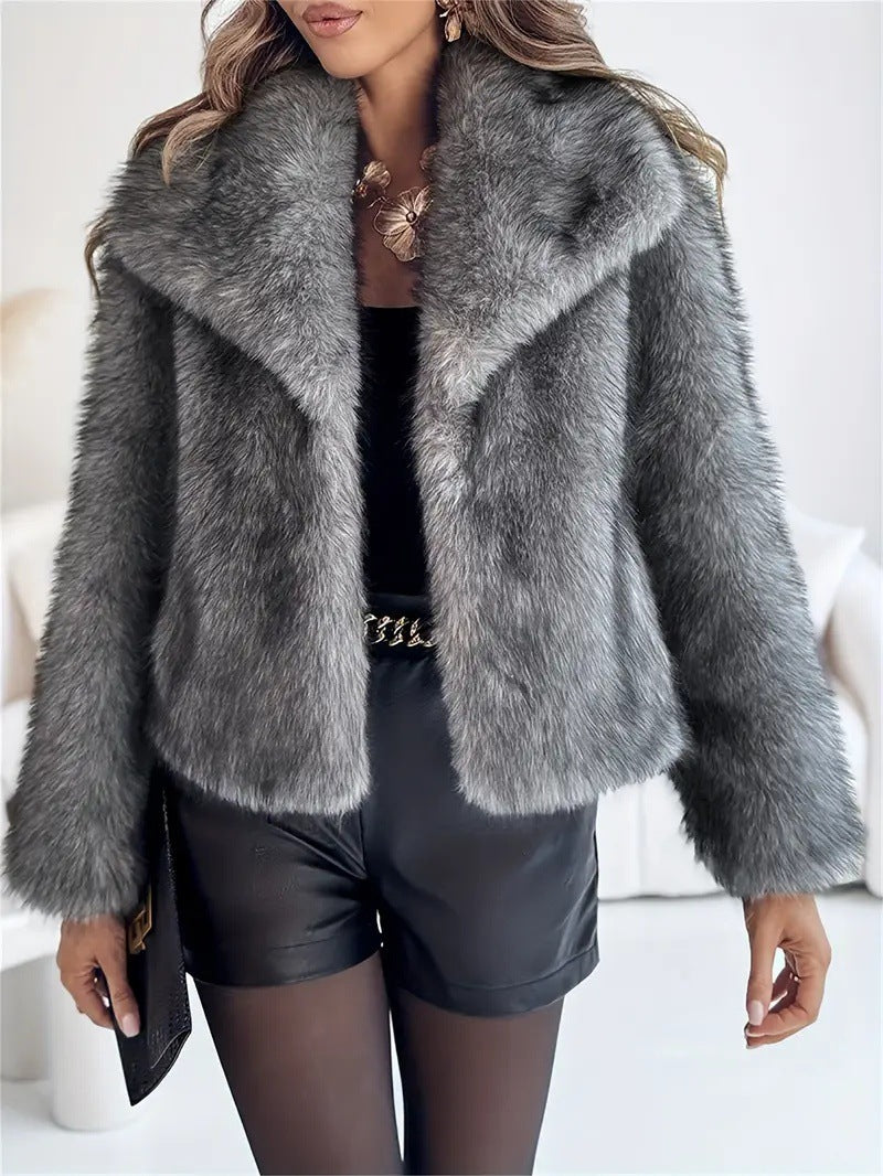 Lapel Long Sleeve Fur Coat – Luxurious Artificial Fur Outerwear