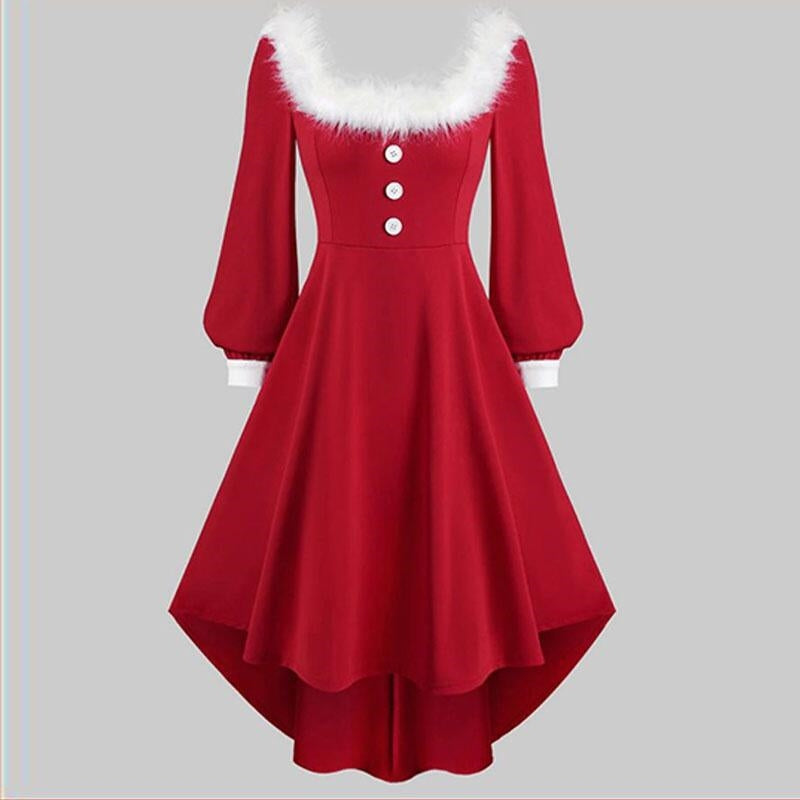 Women's Christmas Fur Dress - Long Sleeved Patchwork Design for Holiday Cheer