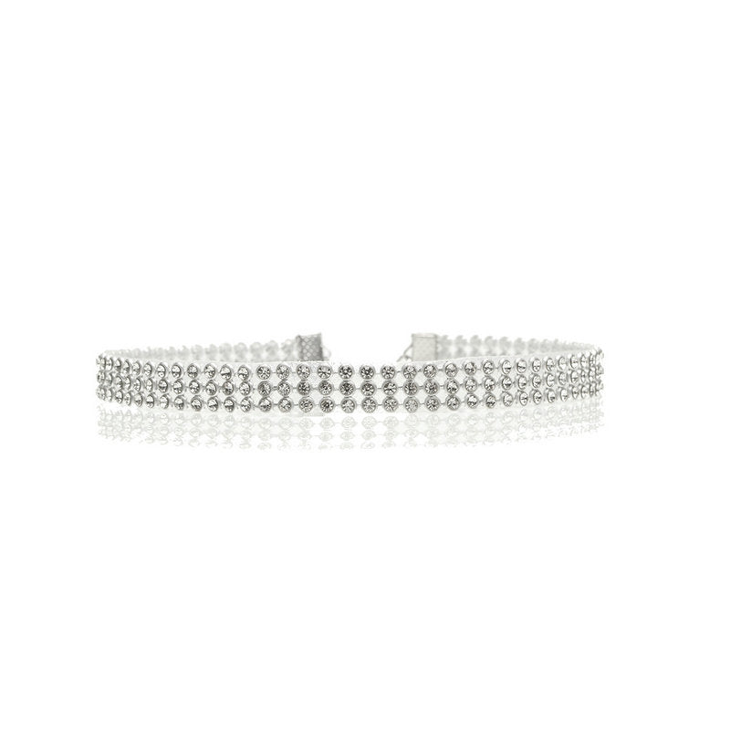 Silver beaded choker necklace on a white background